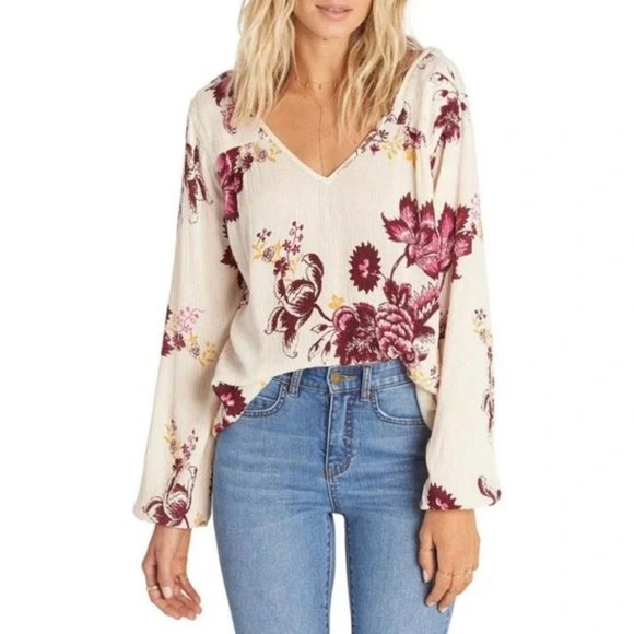 NWT Billabong Distant Roads Cream & Floral Boho Peasant Top Blouse Size … - Picture 1 of 14